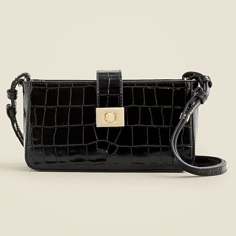J. Crew Black Croc-Embossed Crossbody Bag with Gold Hardware